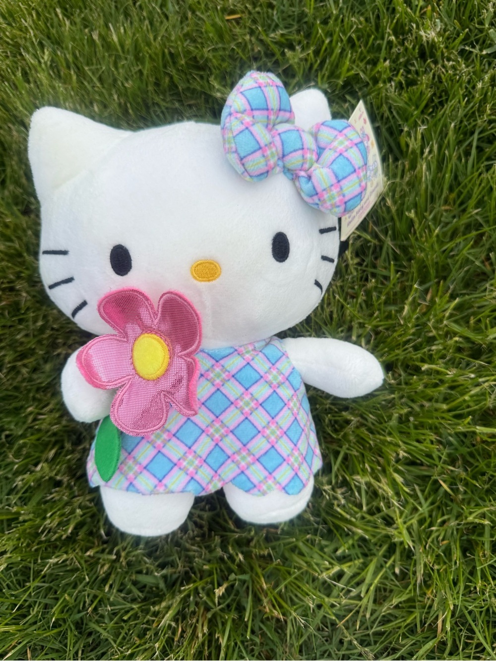 Hello Kitty Pastel Plaid Plush with Pink Flower
